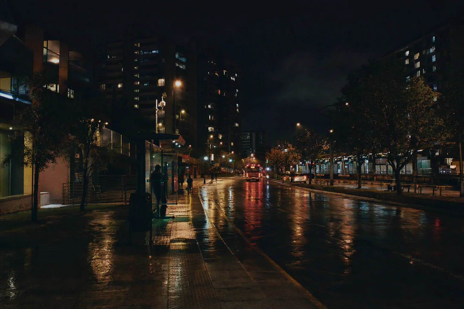 Propuesta visual nocturna de un corredor urbano contemporáneo bajo la lluvia, con transporte y luminarias activas