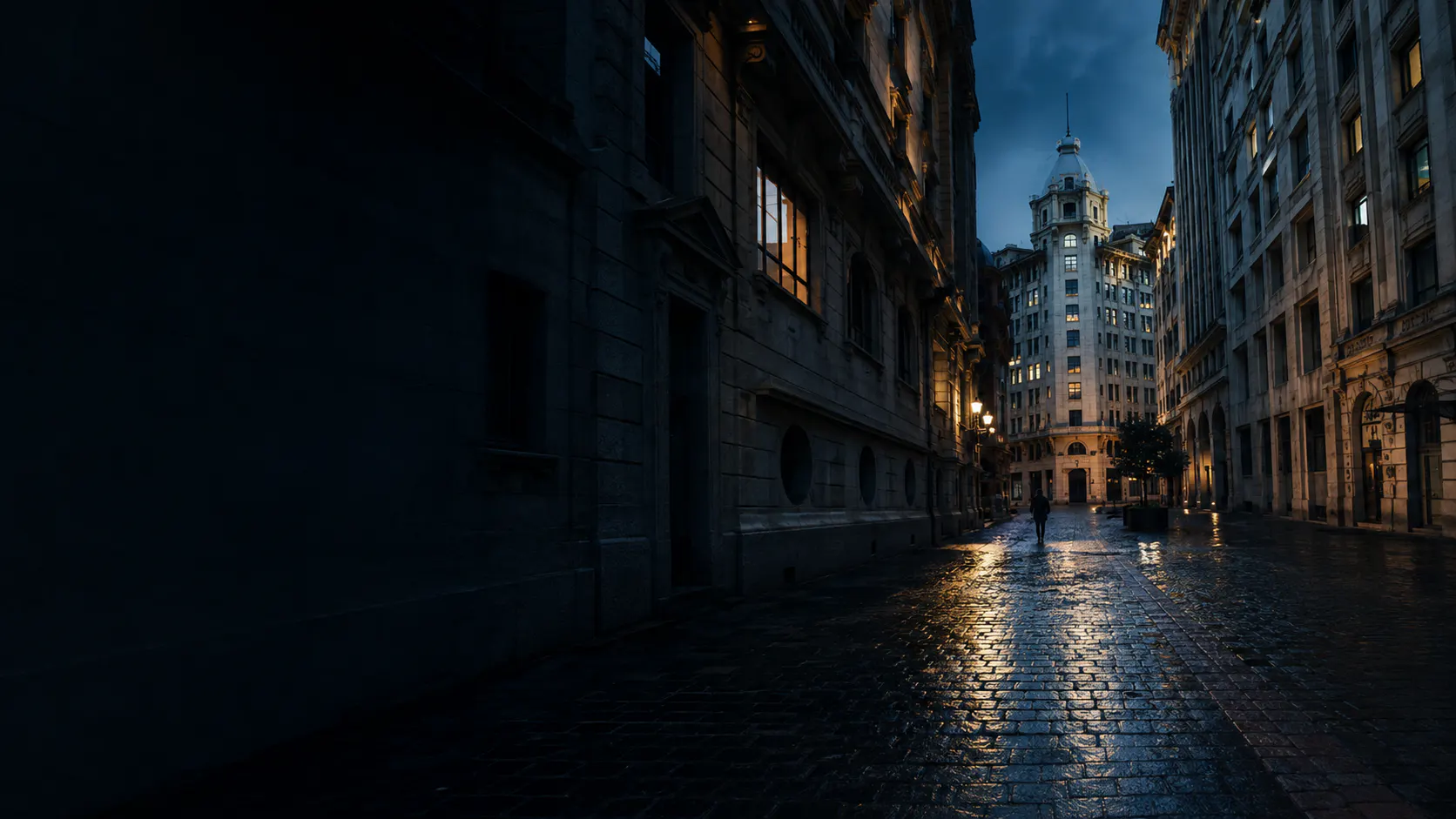 Propuesta visual nocturna de una calle céntrica, con edificios iluminados y pavimento mojado